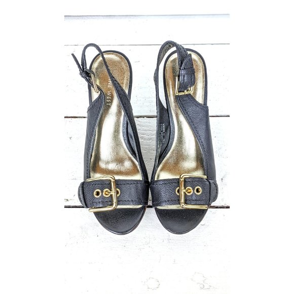 Nine West black leather open toe buckle high heel wedge platform slingbacks - Picture 2 of 8